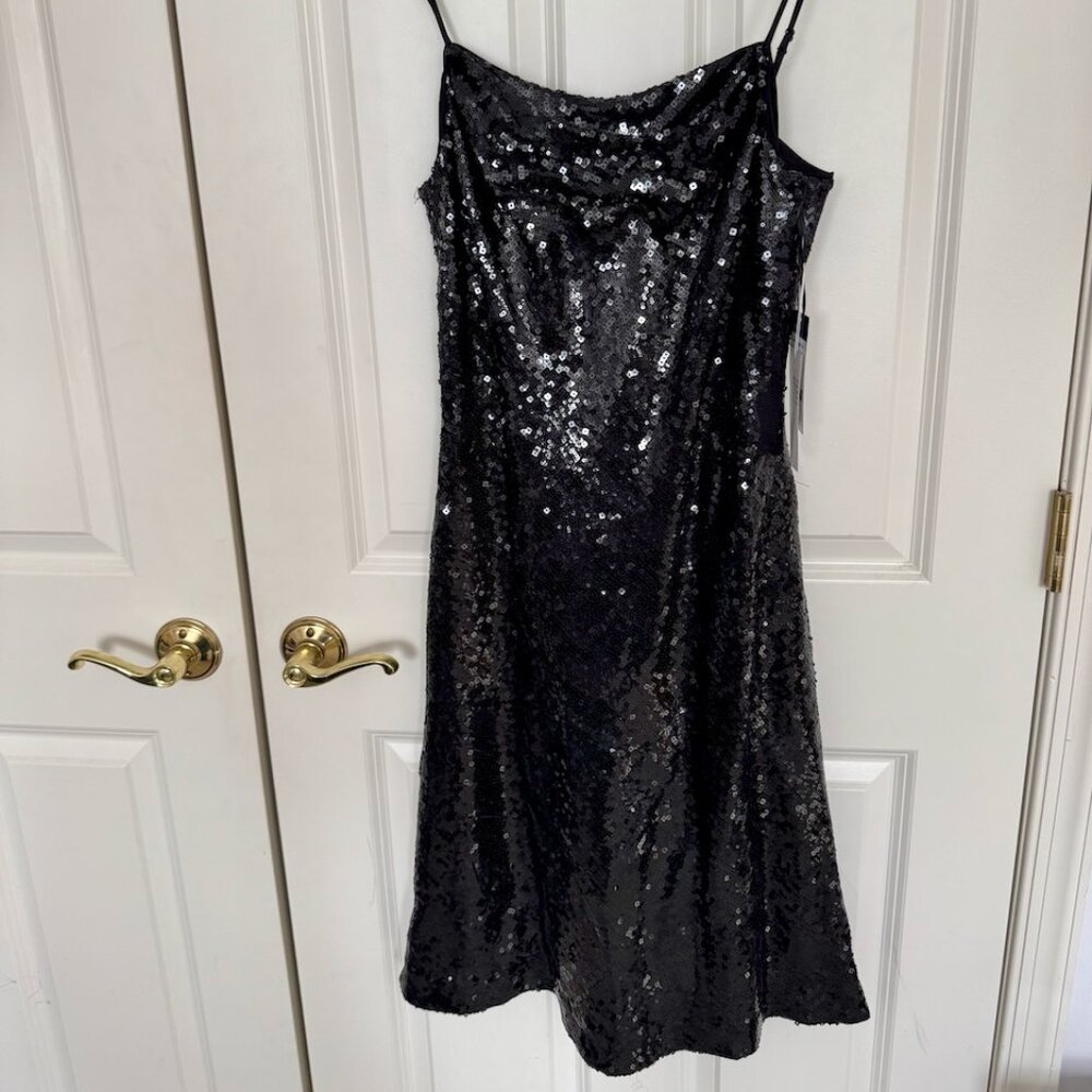 W by Worth Black Sequins Dress Sz 8 Medium New With Tags Spaghetti Straps A-Line